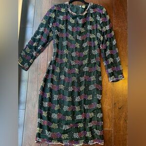 Vintage Samir Suri Black Beaded Wave-Stripe Long Sleeve Silk Dress